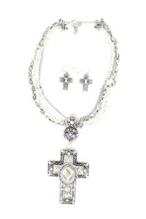 Blazin Roxx 30122 Crystal Cross w/Clear Bead Jewelry Set Silver