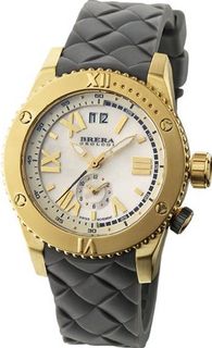Brera Orologi Sirena BRSR14002 DUAL time zone YELLOW GOLD IP Stainless steel case White MOP dial Swiss Quartz with Big date GRAY braided rubber strap with signature buckle
