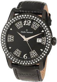 Claude Bernard 70161 37NP NN Ladies Fashion Black Dial Swarovski Leather