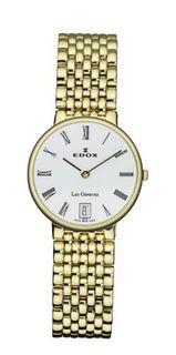 Edox 26016 37J BR Les Genevez Gold PVD White Dial Date