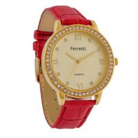 Ferretti FT11302 - Dress - Red Leather Band & Cubic Zirconia Roman Numerals Gold-Tone Dial