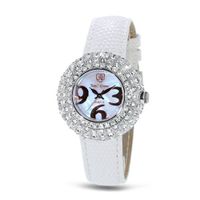 White Genuine Leather with Crystal in 18K Rose Gold Plated Stainless Steel (128909-R)