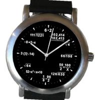 "Math Dial" Shows Pop Quiz Equations At Each Hour Indicator on the Black Dial of the Brushed Chrome with Black Leather Strap