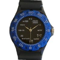 "Math Dial" Shows Pop Quiz Math Equations At Each Hour Indicator on the Black Dial of the Black Plastic Sport with a Blue Plastic 24 Hour Turning Bezel and a Black Plastic Strap