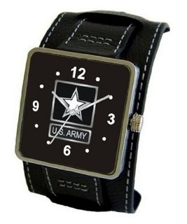 "U.S. Army" Emblem Satin Finish 316L Stainless Steel Three Piece Case with a Black Leather Wide Cuff Strap