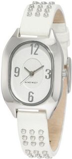 Nine West NW/1303SVWT Oval Silver-Tone Studded White Strap