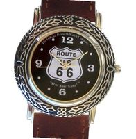 Western Style Route 66 Collectible By the Official Route 66 Company Has a Round Polished Chrome Case with Artistic Decorative Black Enamel Embossing and Brown Western Style Leather Strap