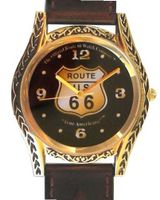 Western Style Route 66 Collectible By the Official Route 66 Company Has a Round Polished Gold Tone Case with Artistic Decorative Black Enamel Embossing and Brown Western Style Leather Strap