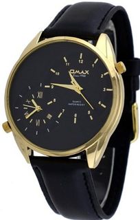 Omax #S002G221 Leather Band Gold Tone Dual Time Zone