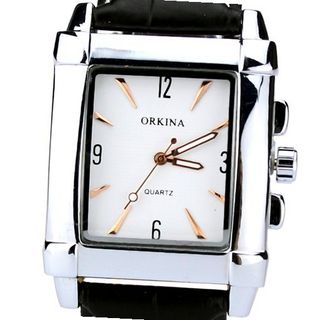 Orkina Elegant Rectangular Silver Case White Dial Quartz Leather Strap Wrist W150-S
