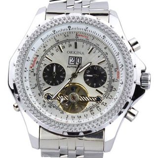 Orkina Silver Case Chronograph Hallow Mechanical Hand-Wind Dial Stainless Steel Wrist KC082SSW