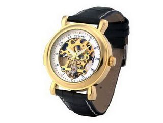 Ouyawei es Black Leather Band Round Hollow White Dial Golden Bezel Mechanical es
