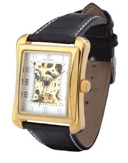 Ouyawei Rectangle Hollow White Dial Golden Shell Black Leather Band Water-proof Mechanical es