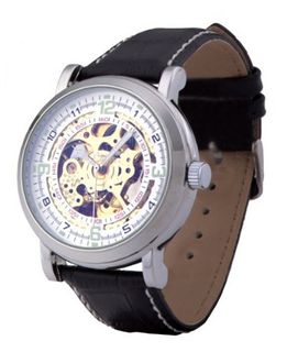 Ouyawei Round Hollow White Dial Stainless Steal Bezel Black Leather Band Water-proof Mechanical es