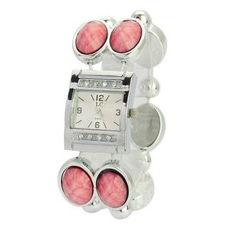 Eye-catching Rhinestone Bead Quartz Movement Bracelet with Stretchy Band/Rectangle Dial-Pink - JUST ARRIVE!!!
