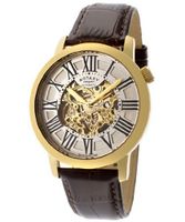 Automatic Gold IP Stainless Steel Case Silver/Gold Tone Skeletonized Dial Brown Genuine Leather