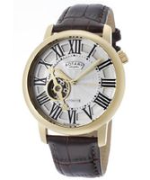 Automatic Gold Tone IP SS Case Silver Dial Brown Genuine Leather