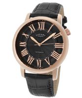 Automatic Rose Gold Tone IP Stainless Steel Case Black Dial Black Genuine Leather