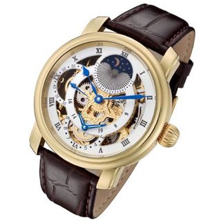 Rougois Gold Case and Gold Movement Dual Time Zone with White Accents and Moonphase Display Brown Leather Band