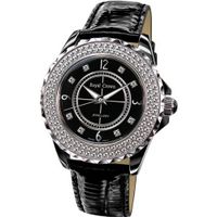 Cubic Zirconia Bezel Black Ceramic and Stainless Steel Black Leather