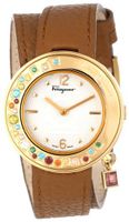 Salvatore Ferragamo F64SBQ50001 S012 Gancino Sparkling Gold Ion-Plated Rotating Multi-Color Stone Bezel Double-Tour Leather Band