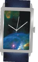 "Bubble Nebula NGC 7635" Is the Hubble Image on the Dial of the Polished Chrome Rectangle with a Navy Blue Leather Strap