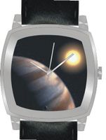 "Planet Star HD 209458" Is the Hubble Image on the Dial of the Polished Chrome Cushion Shape with a Black Leather Strap