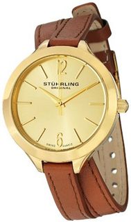 Stuhrling Original 568.04 Soiree "Deauville Sport" 23k Yellow Gold-Plated Stainless Steel and Brown Leather Wrap