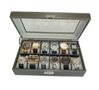 12 Piece Pewter Carbon Fiber Display Case or Ladies Box Collection Jewelry Storage Glass Top