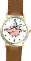 Angel Pig or Flying Pig with Wings Animal - WATCHBUDDY® DELUXE TWO-TONE THEME WATCH - Arabic Numbers - Brown Leather Strap-Size-Large ( Size or Jumbo Size )