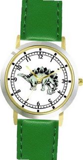 Stegosaurus Dinosaur Animal - WATCHBUDDY® DELUXE TWO-TONE THEME WATCH - Arabic Numbers - Green Leather Strap- Size-Small