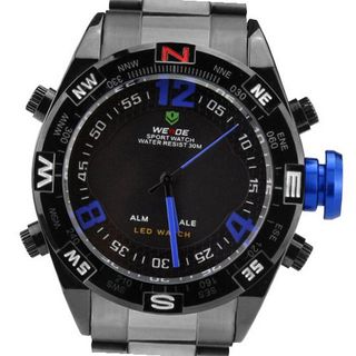 Weide Fashion Blue Letters Dual Core Time Display Dial LCD Quartz Alarm Black Steel Strap Wrist WH-2311-BB