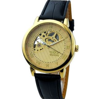 Personality Fashion Male Gold Round Hollow-out Design Automatic Mechanical Movement Analog Display Leather Strap Analog Display Arabic and Roman numerals WY8053