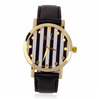 Black and White Striped Round Face Black Faux Leather Band Quartz