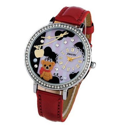 Absolute AMUTN Japanese Movement Handmade Clay - Swarovski Crystal Element Red Pink Cute Bear Bowknot Background