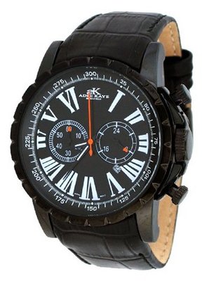 Adee Kaye #AK5885-MIPB Black Ion Plated Black Dial Leather Strap Chronograph