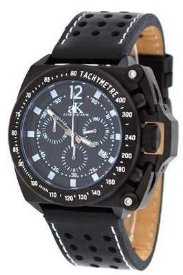 Adee Kaye #AK6566-M Black IP Tachymetre Bezel Leather Band Chronograph