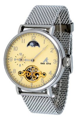 Adee Kaye #AK7117-MB Duke Royal Mesh Band Dual Time Open Heart Skeleton Automatic