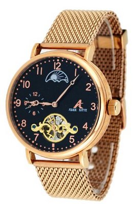 Adee Kaye #AK7117-MBRG Duke Royal Mesh Band Dual Time Open Heart Skeleton Automatic