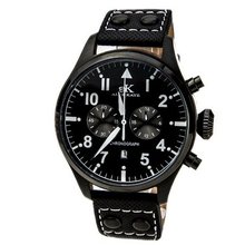 Adee Kaye AK7234-MIPB Black Chronograph Black Ion Plated Leather Strap