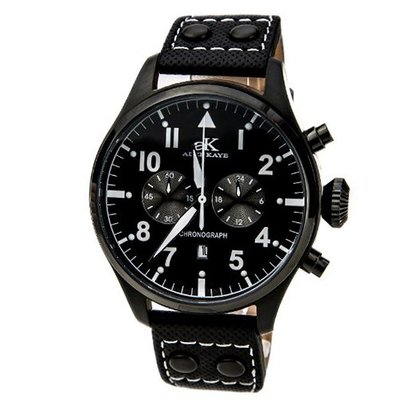 Adee Kaye AK7234-MIPB Black Chronograph Black Ion Plated Leather Strap