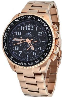 Adee Kaye #AK9007-MRG Rose Gold Tone Stainless Steel Black Dial Nautical Chronograph