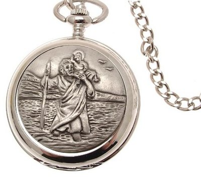 Pocket - Solid pewter fronted mechanical skeleton pocket - St Christopher design 36