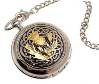 Pocket - Solid pewter fronted mechanical skeleton pocket - Two Tone celtic knot with thistle design 60