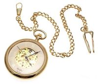 Reproduction of classic mechanical pocket gold plated with visible skeleton movement