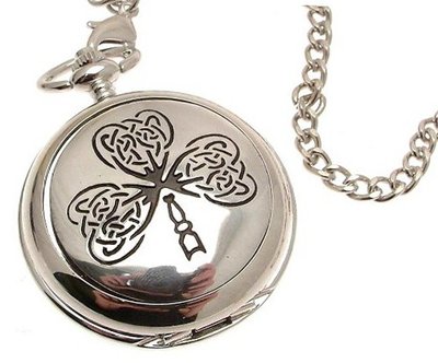 Solid pewter fronted mechanical skeleton pocket - Celtic leaf design 22