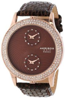 Akribos XXIV AK569BR Lady Diamond Dual Time Leather Strap