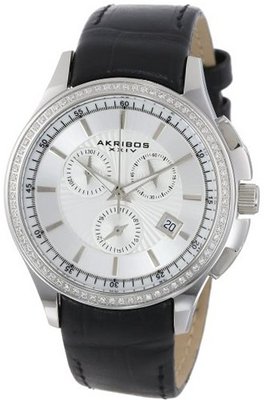 Akribos XXIV AK615SS Grandiose Crystal Swiss Chronograph Stainless Steel Black Leather Strap
