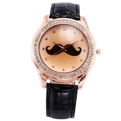 AMPM24 Black Leather Elegant Crystal Mustache Lady Girl Rose Gold Analog Quartz WAA510