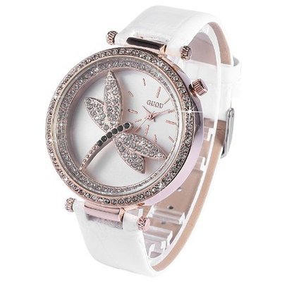 AMPM24 Bling Crystal Dragonfly Ladies White Genuine Leather Quartz Wrist WK1100